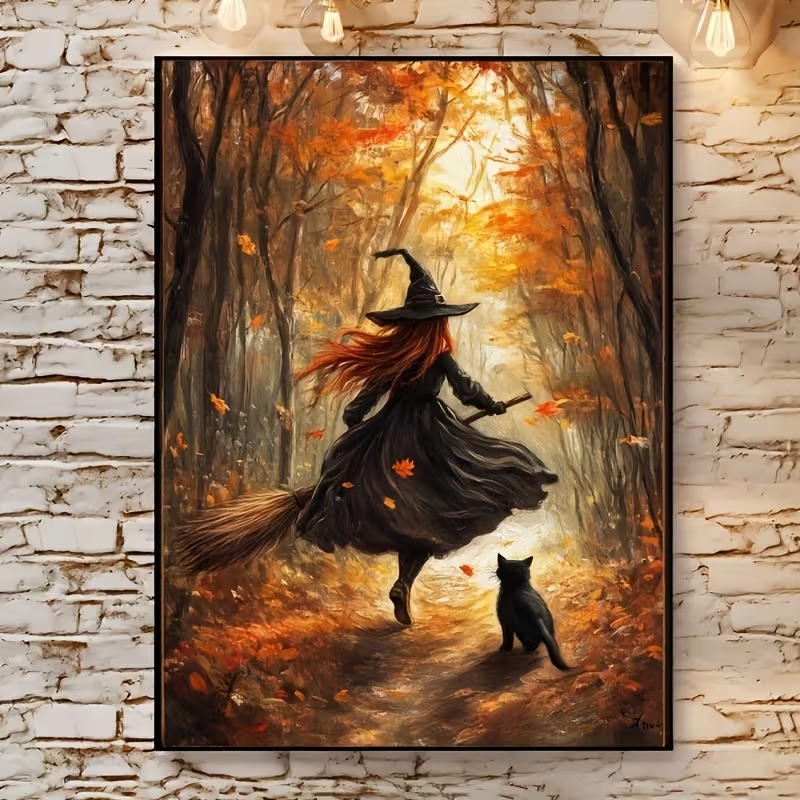 Home Decor On Wall - 레트로 할로윈 가을 마녀 빗자루 벽