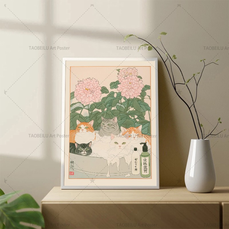 욕조에 있는 일본식 태비 고양이 캔버스 포스터 레트로  - Home Decor Japandi Style 리뷰 및 가격