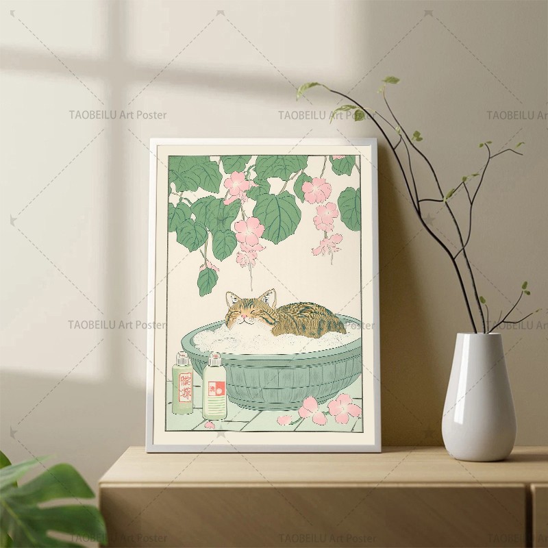 욕조에 있는 일본식 태비 고양이 캔버스 포스터 레트로  - Home Decor Japandi Style 리뷰 및 가격