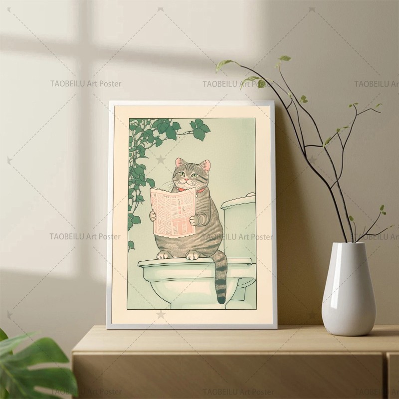 욕조에 있는 일본식 태비 고양이 캔버스 포스터 레트로  - Home Decor Japandi Style 리뷰 및 가격